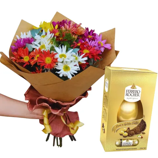 Ramo de flores margaritas con huevo de pascua rocher box